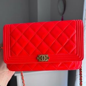 Chanel candy orange patent wallet on chain with brushed gold hardware